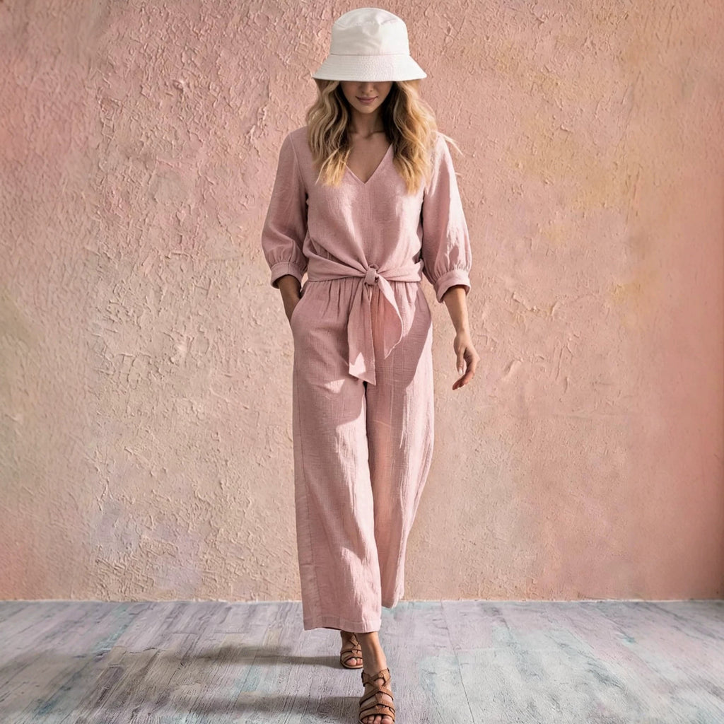 Camille V-neck two-piece set with wide-leg trousers