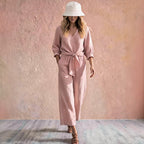Camille V-neck two-piece set with wide-leg trousers