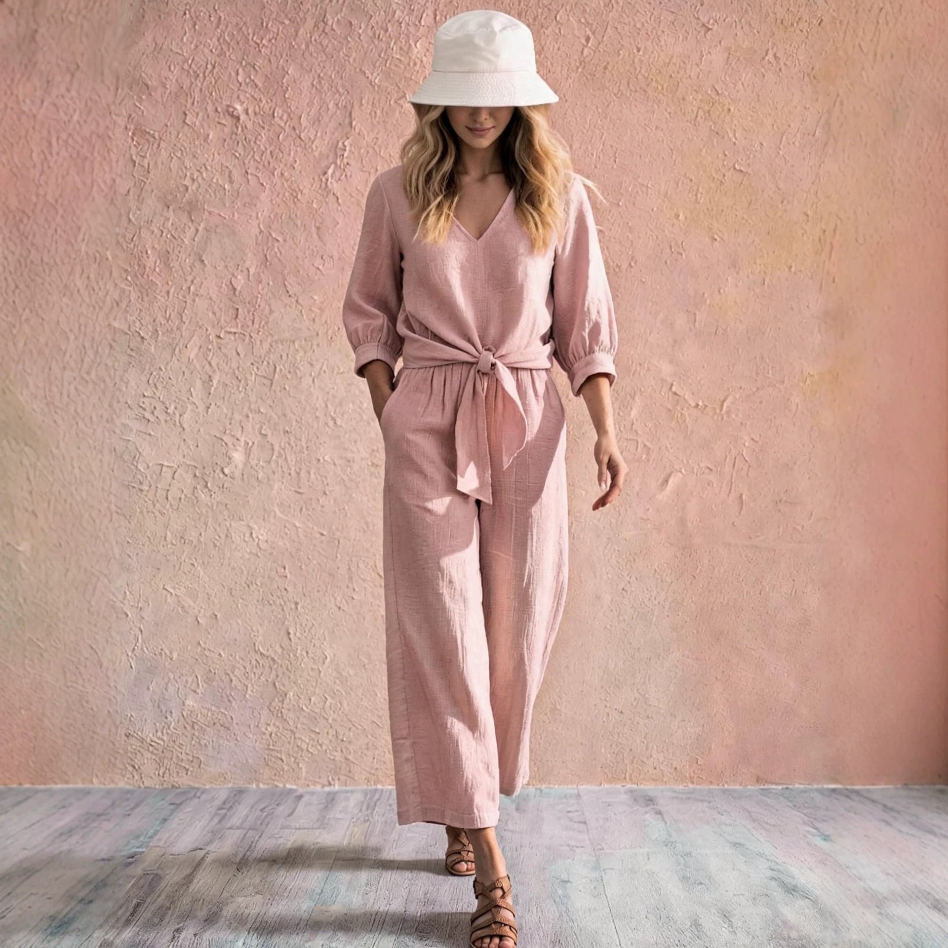 Camille V-neck two-piece set with wide-leg trousers