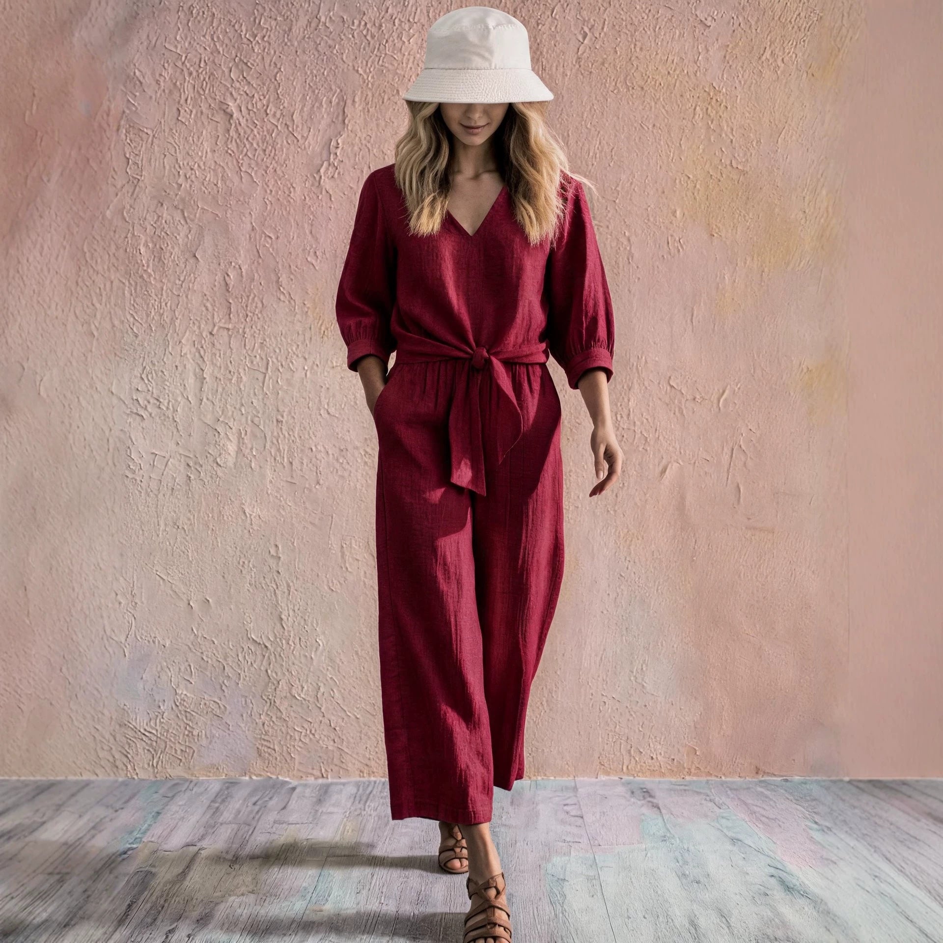 Camille V-neck two-piece set with wide-leg trousers