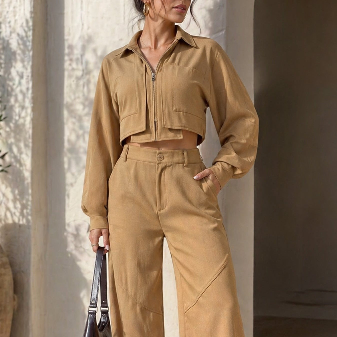 Aurore Zip Crop Top Wide Leg Pants Set